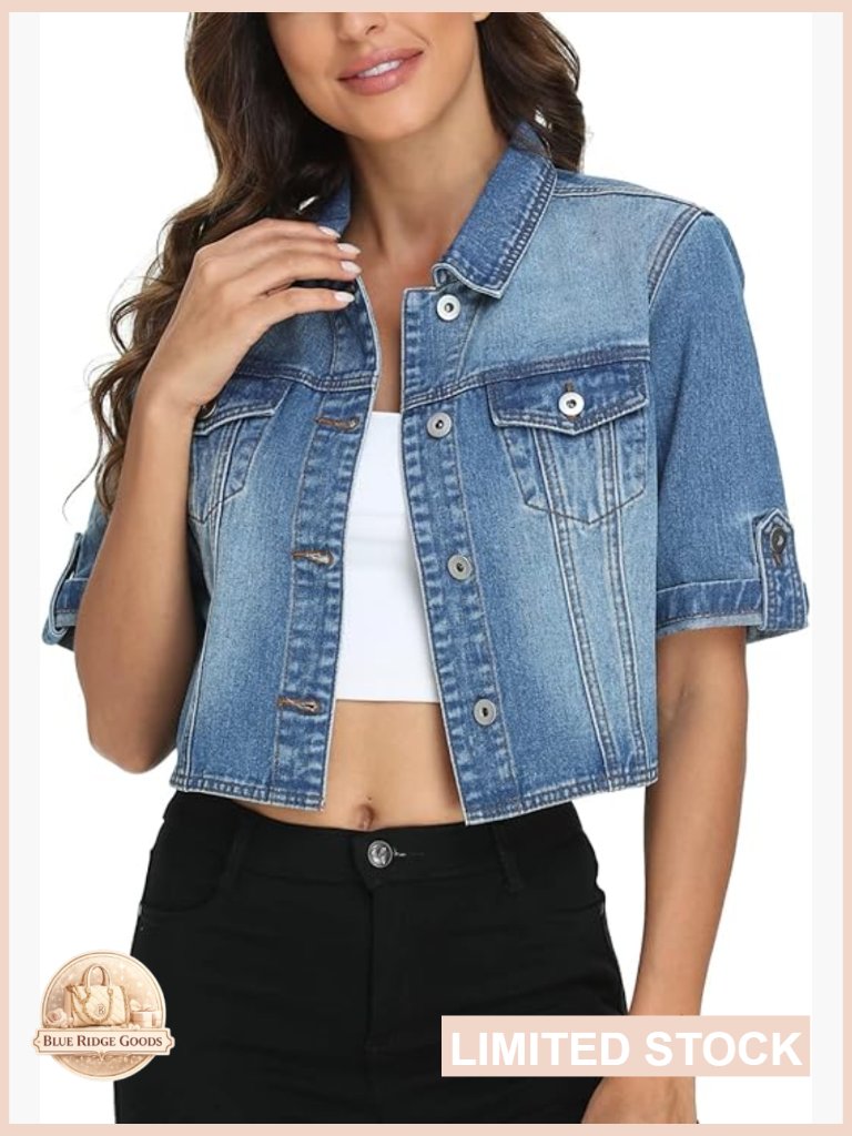 Cropped Denim Jacket Short Sleeve Classic Casual Summer Fitted Chic